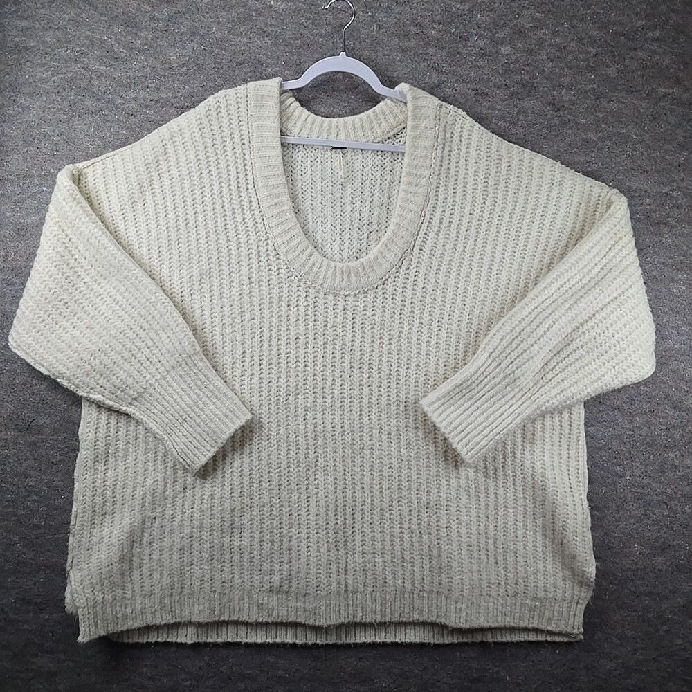Free People White Chunky-Knit Pullover Sweater Women’s XL Oversized Long Sleeve
